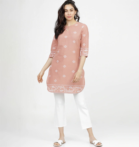 Peach-Coloured & White Printed Tunic